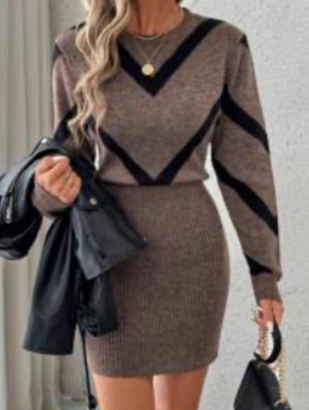 Small SHEIN Mocha Brown Black Chevron Long Sleeve Fitted Sexy Sweater Mini Dress